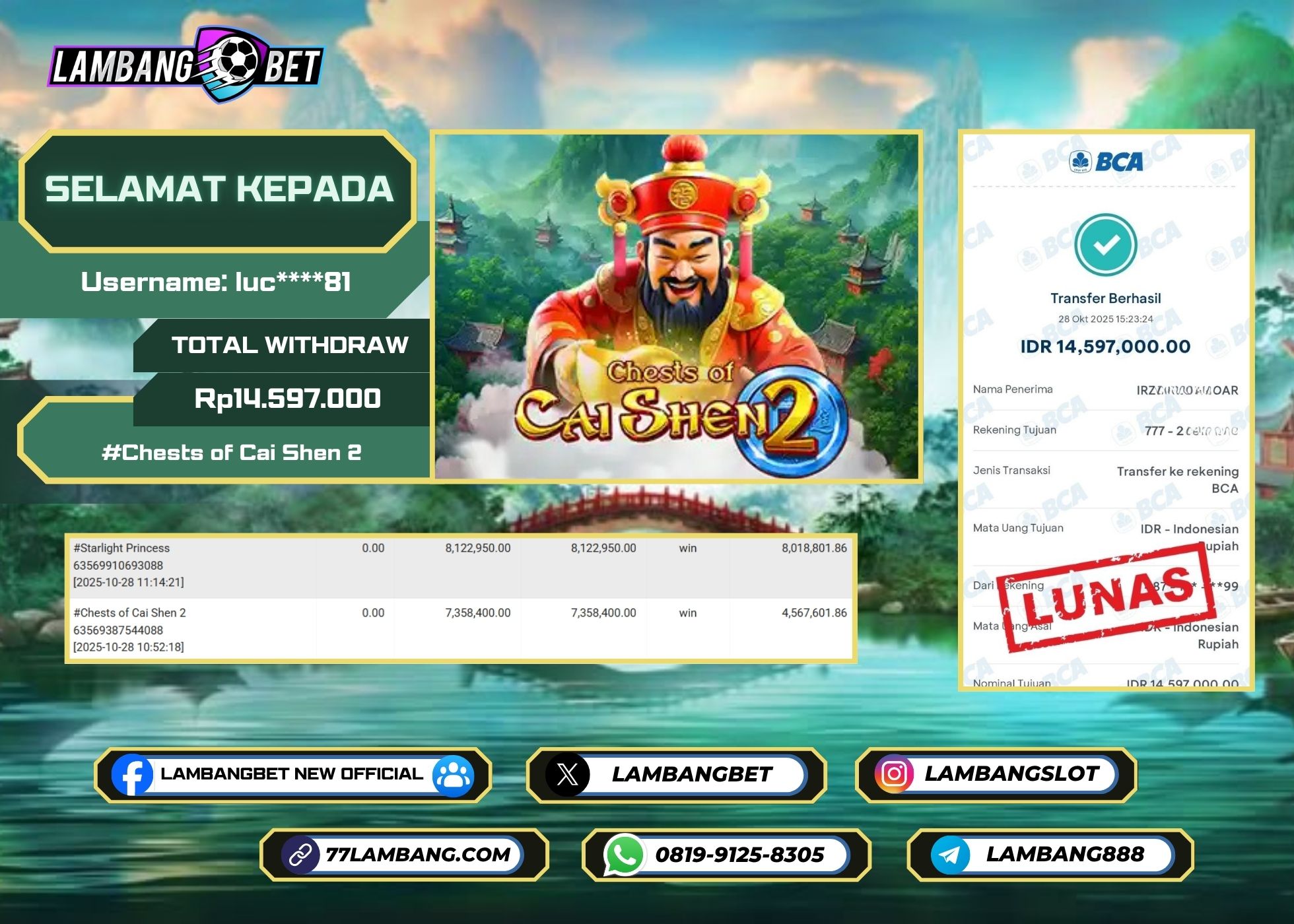 LAMBANGBET [28 OKTOBER 2025] JACKPOT SLOT Chests of Cai Shen 2 "Rp14.597.000" LUNAS